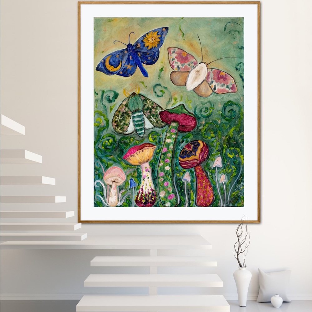 Gypsy Moths Mushrooms Art Print Oil Painting Colorful Whimsical fantasy nature - Picture 2 of 7